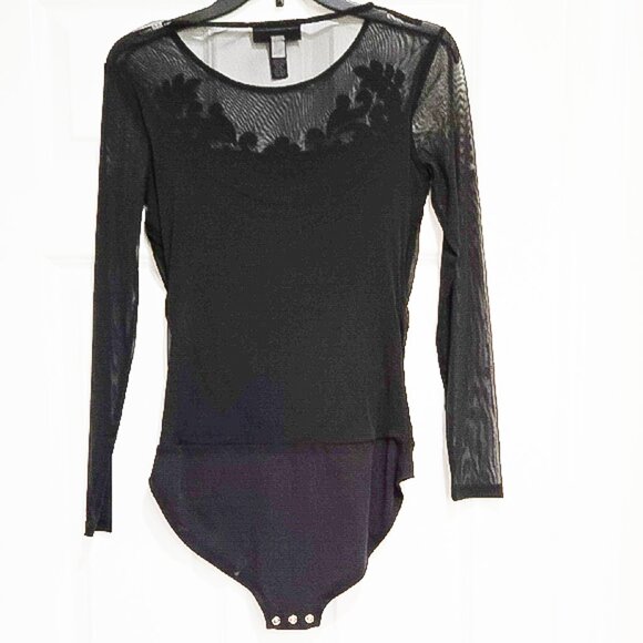 INC International Concepts Black Fitted Mesh Sheer Velvet Embellished Bodysuit - Picture 5 of 5